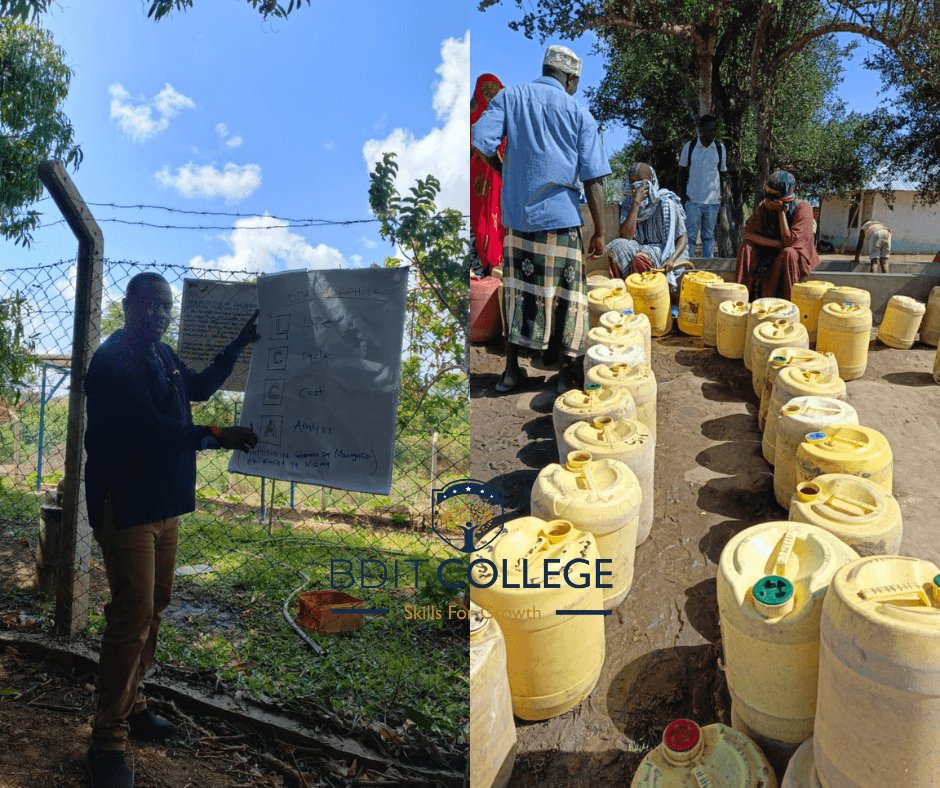 A BDIT College trainer leading a life-cycle cost analysis session at a community water point